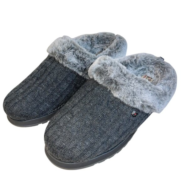 Women 11 Skechers Bobs Slipper Shoes Gray Cable Sweater Faux Fur Lined Keepsakes - Picture 1 of 12